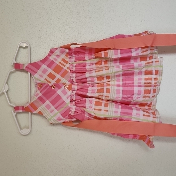 YOUNGLAND Pink and Orange Plaid Dress with Back Buttons and Tie-back Ribbons - Picture 3 of 5